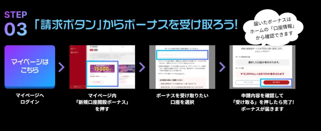 ボーナスの受け取りには申請や条件達成が必要な場合がある